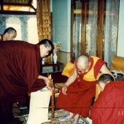H.E. Tsem Tulku Rinpoche making prostration and offering a Vajrapani statue to H.H. the Dalai Lama. Tsem Rinpoche’s guru Kensur Jampa Yeshe Rinpoche introducing Tsem Rinpoche as a rinpoche to H.H. the Dalai Lama and H.H. accepted