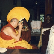 H.E. Tsem Tulku Rinpoche making offerings to the Abbot-Emeritus of Gaden Shartse, Kensur Konchok Tsering Rinpoche