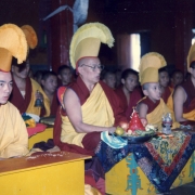 H.E. Tsem Tulku Rinpoche doing puja together with the 101st Gaden Tripa Jetsun Lungrik Namgyal Rinpoche and H.H. Zong Rinpoche in Gaden Monastery